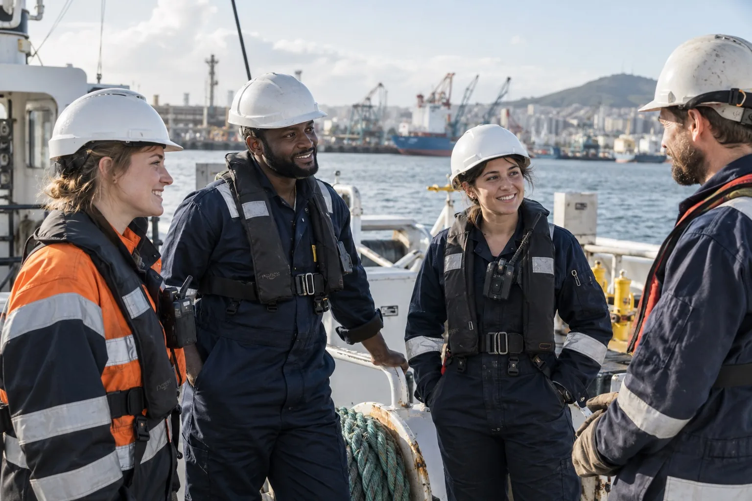Marine technical team on a vessel deck near port