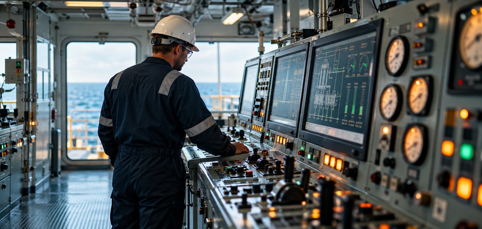 Marine engineer at shipboard automation controls