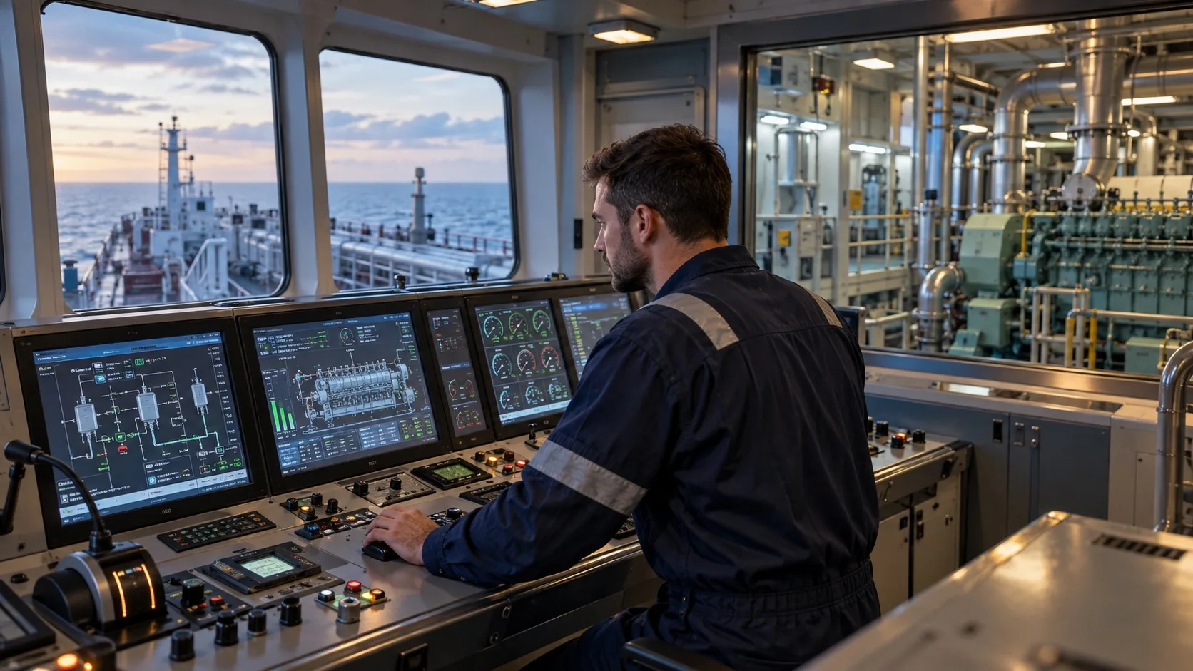 Engineer in a ship automation control room