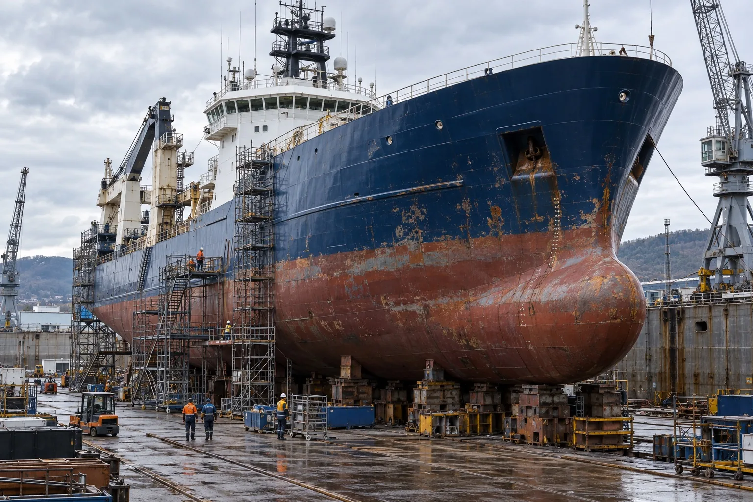 Commercial vessel in dry dock at a shipyard