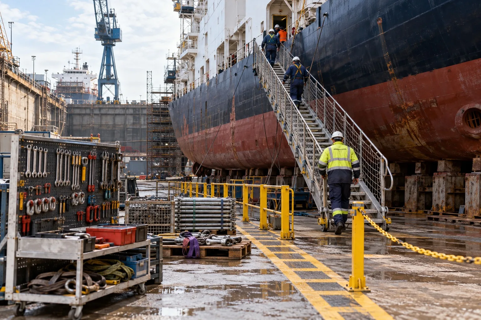 Prepared shipyard work area beside a commercial vessel