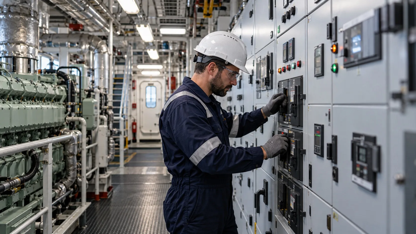 Marine electrician inspecting a shipboard switchboard