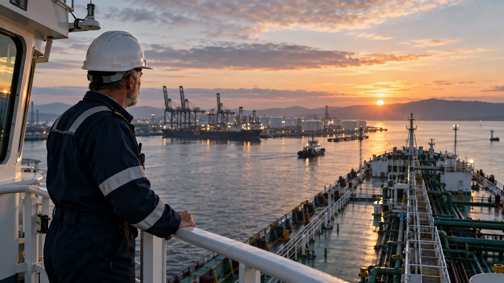 Marine engineer looking over a commercial vessel and port at dawn