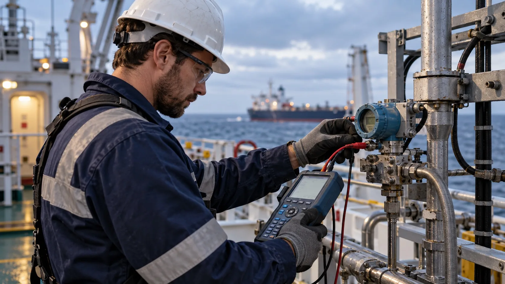 Marine technician calibrating a pressure instrument aboard a vessel