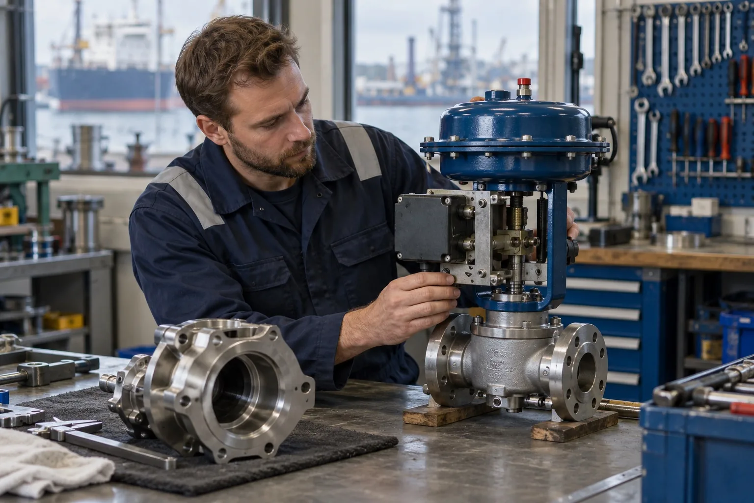 Technician inspecting marine components in a workshop