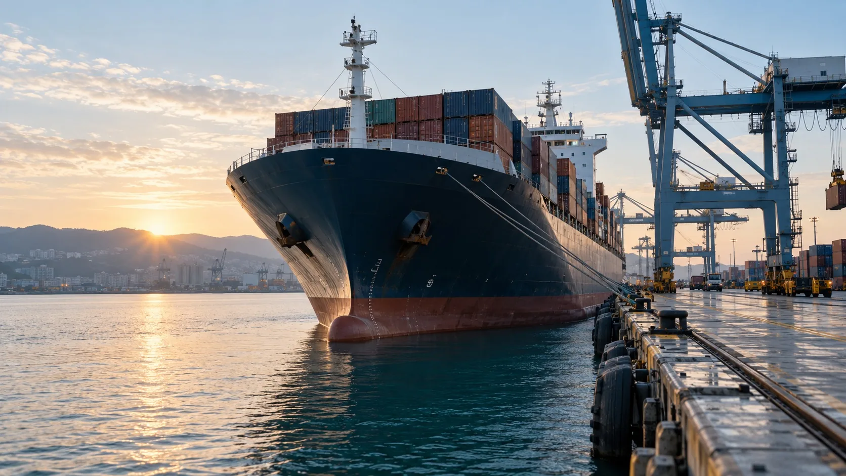 Commercial cargo ship alongside a port at early morning