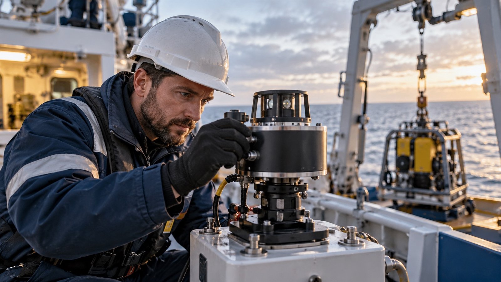 Marine technician carrying out a precision equipment inspection