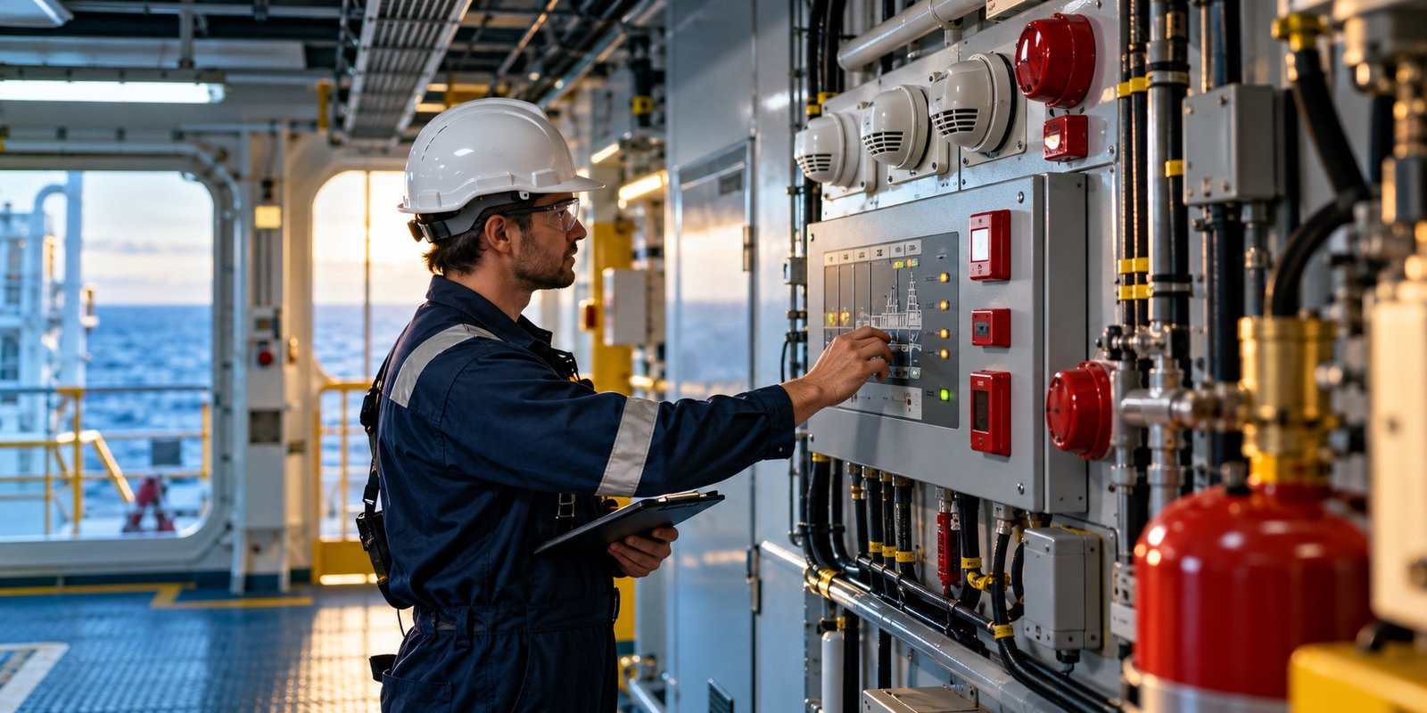 Marine safety technician checking detection equipment