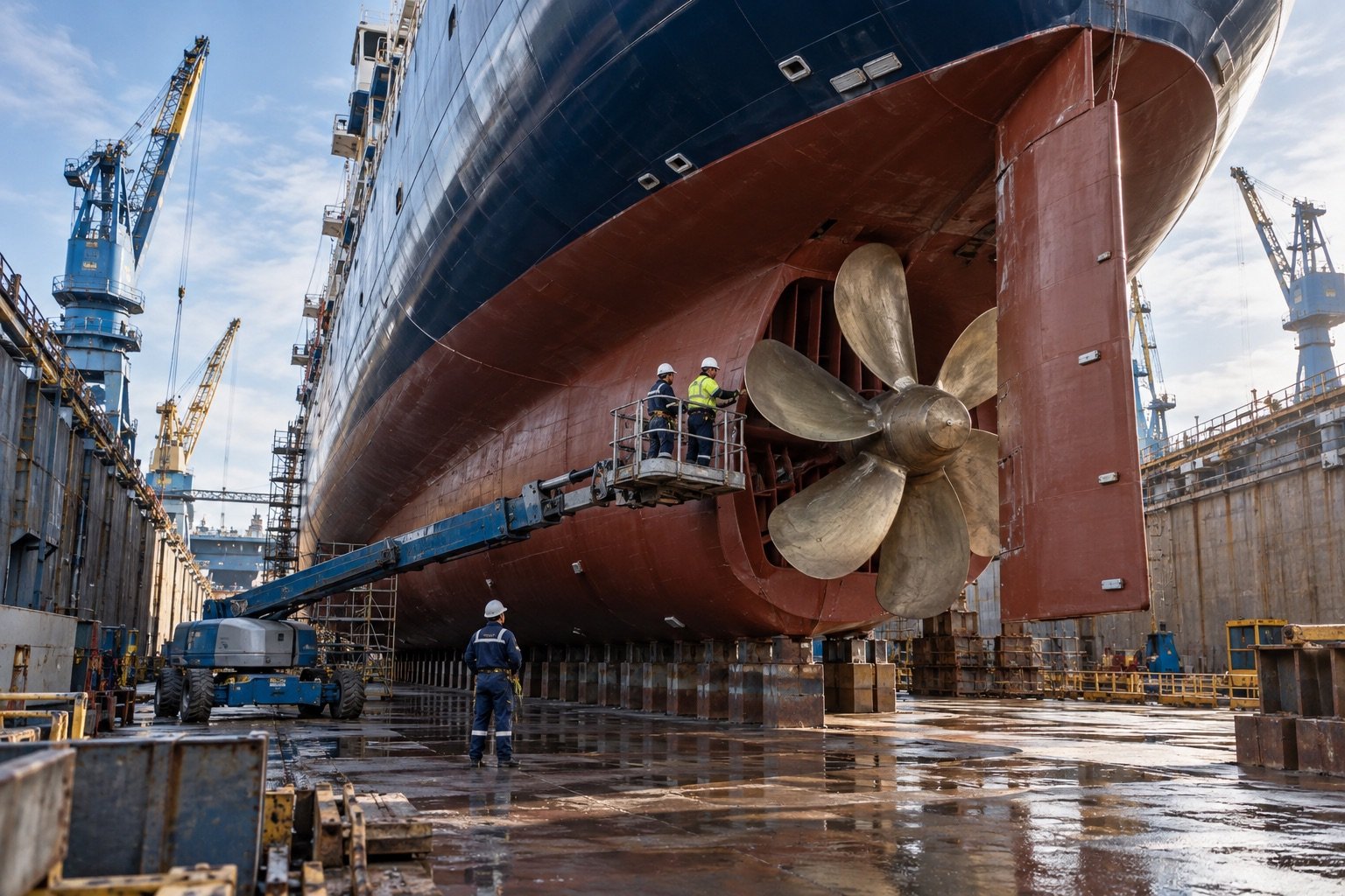 Engineers inspecting a commercial vessel in dry dock