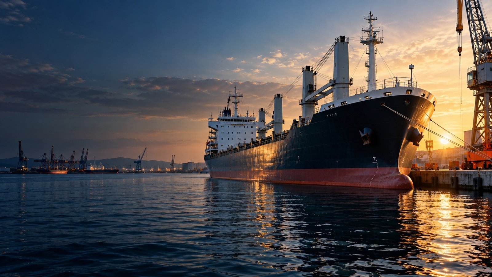 Commercial vessel alongside a shipyard quay at sunset
