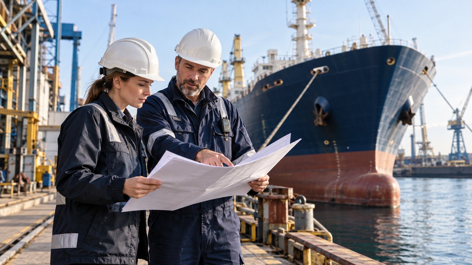 Marine project team reviewing vessel requirements