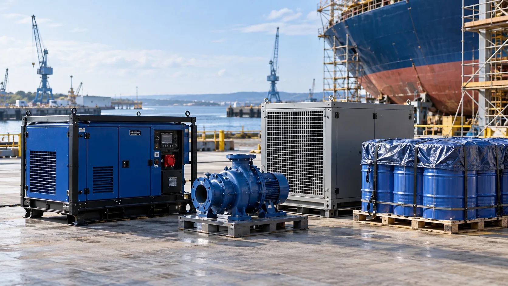 Portable generators, pumps and industrial equipment staged at a shipyard