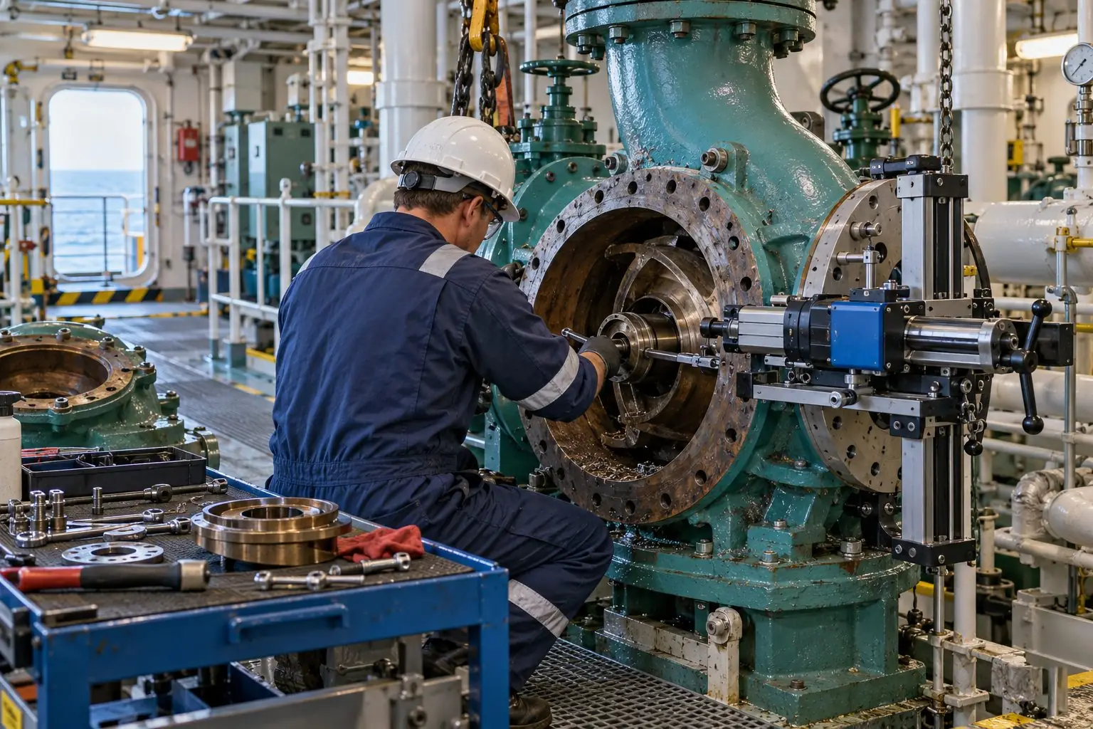 Marine engineers inspecting machinery aboard a commercial vessel
